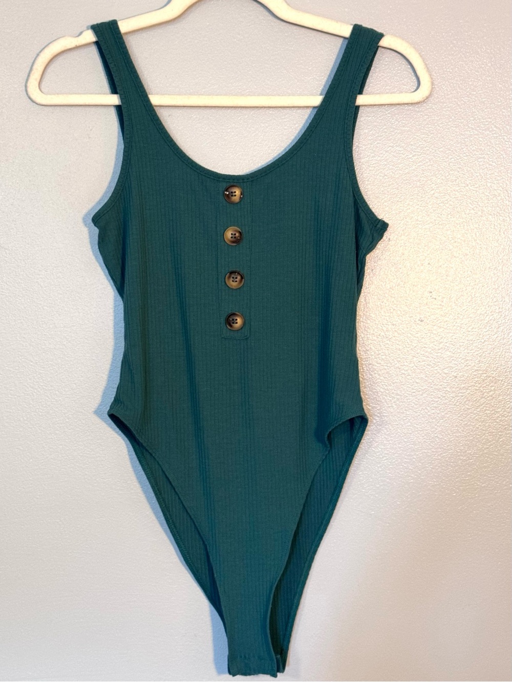 SHEIN Teal Ribbed Scoop One-Piece Bodysuit with Button Front